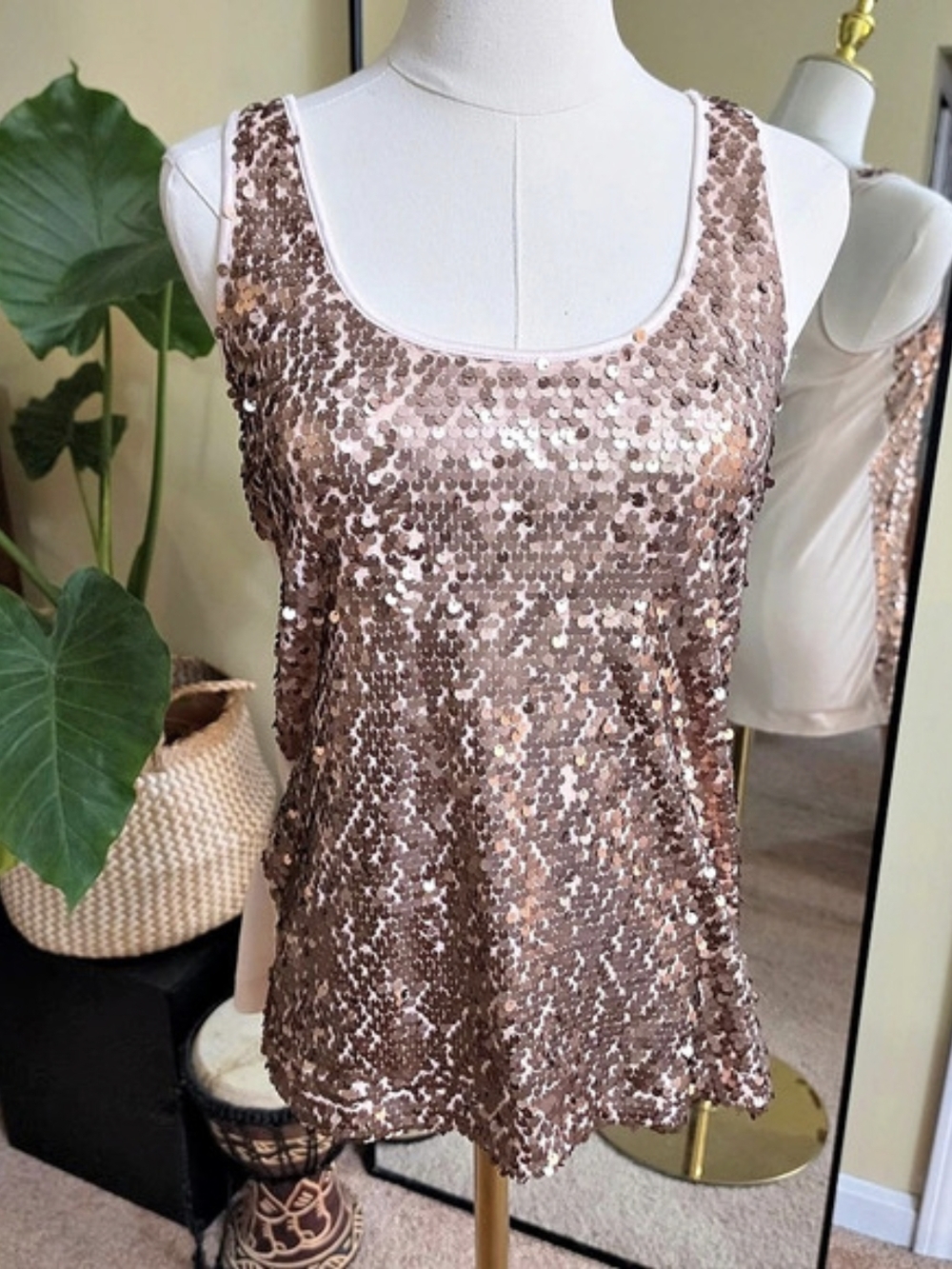 Express Sequin Front Tank Top Sequin Tank Pink & Brown Small